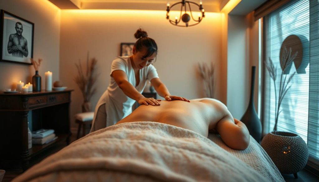 A cozy and intimate boutique massage studio, bathed in warm lighting and soft textures. The therapist's skilled hands work delicately along the client's back, using a range of specialized techniques - from gentle Swedish strokes to deep tissue kneading. The atmosphere is tranquil and serene, with soothing aromas and muted decor that create a sense of relaxation and personal attention. The camera captures the scene from a low angle, emphasizing the therapist's focused movements and the client's state of profound calm. A cozy and intimate boutique massage studio, bathed in warm lighting and soft textures. The therapist's skilled hands work delicately along the client's back, using a range of specialized techniques - from gentle Swedish strokes to deep tissue kneading. The atmosphere is tranquil and serene, with soothing aromas and muted decor that create a sense of relaxation and personal attention. The camera captures the scene from a low angle, emphasizing the therapist's focused movements and the client's state of profound calm.