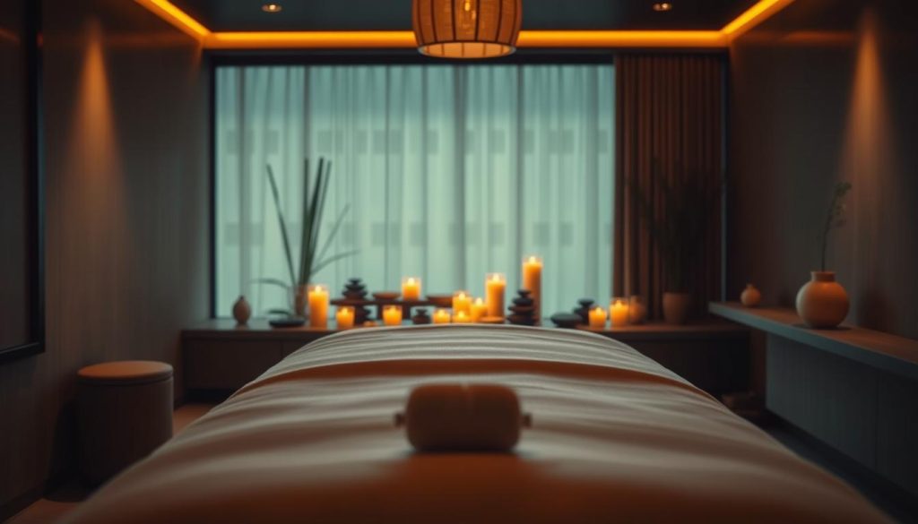 A serene, dimly lit massage parlor with a minimalist, zen-inspired design. Soft, warm lighting creates an intimate atmosphere, casting gentle shadows on the smooth, wooden massage table in the foreground. In the middle ground, an array of soothing, natural elements like river stones, bamboo, and candles set the stage for a personalized, rejuvenating experience. The background fades into a tranquil, nature-inspired setting, evoking a sense of escape from the bustling city outside. The overall composition conveys a harmonious balance between the therapist's skilled touch and the client's deep relaxation. A serene, dimly lit massage parlor with a minimalist, zen-inspired design. Soft, warm lighting creates an intimate atmosphere, casting gentle shadows on the smooth, wooden massage table in the foreground. In the middle ground, an array of soothing, natural elements like river stones, bamboo, and candles set the stage for a personalized, rejuvenating experience. The background fades into a tranquil, nature-inspired setting, evoking a sense of escape from the bustling city outside. The overall composition conveys a harmonious balance between the therapist's skilled touch and the client's deep relaxation.