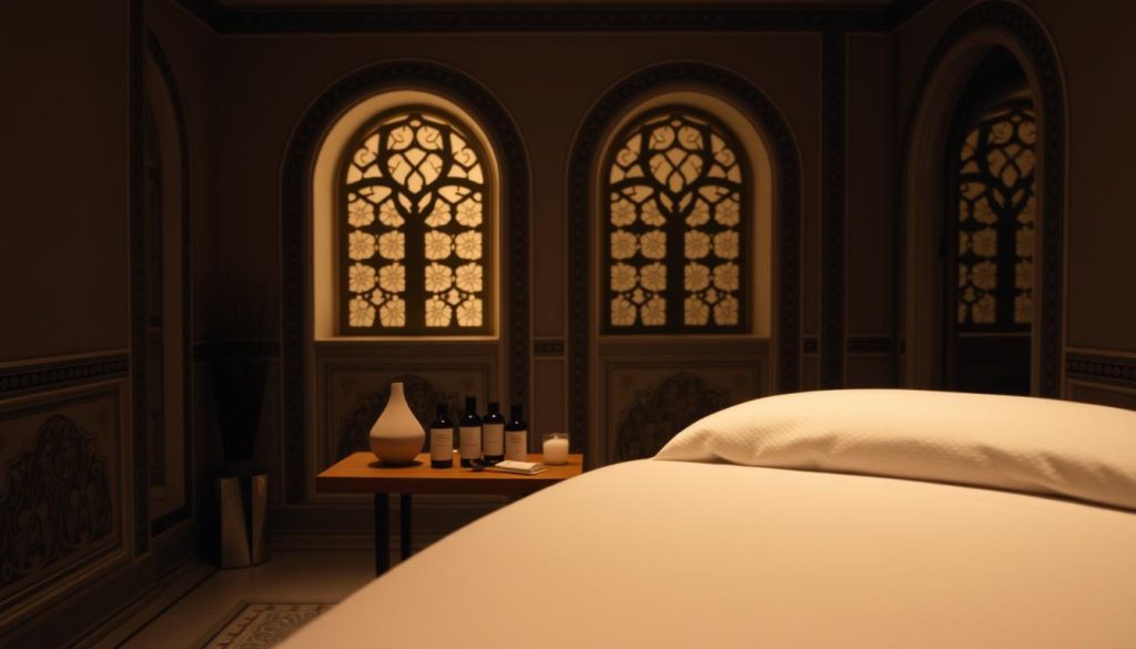 A serene, dimly lit massage studio in Istanbul, with soft ambient lighting and soothing neutral tones. In the foreground, a plush, inviting massage table, its crisp linens and cozy pillows beckoning. The middle ground features a selection of artisanal massage oils and tools, carefully arranged on a sleek, wooden side table. The background showcases the elegant, Ottoman-inspired architecture, with intricate tile work and ornate arched windows that create a sense of timeless luxury. An atmosphere of tranquility and relaxation pervades the scene, hinting at the restorative benefits of the professional massage services available in this vibrant city. A serene, dimly lit massage studio in Istanbul, with soft ambient lighting and soothing neutral tones. In the foreground, a plush, inviting massage table, its crisp linens and cozy pillows beckoning. The middle ground features a selection of artisanal massage oils and tools, carefully arranged on a sleek, wooden side table. The background showcases the elegant, Ottoman-inspired architecture, with intricate tile work and ornate arched windows that create a sense of timeless luxury. An atmosphere of tranquility and relaxation pervades the scene, hinting at the restorative benefits of the professional massage services available in this vibrant city.