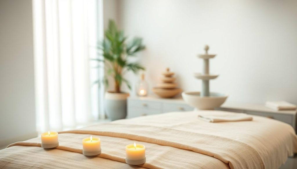 A serene massage therapy scene with a tranquil atmosphere. The foreground showcases a massage table with plush linens and aromatherapy candles, creating a calming ambiance. The middle ground features soothing nature-inspired elements such as a potted plant and a water fountain, evoking a sense of relaxation. The background depicts a minimalist, spa-like interior with soft lighting and neutral tones, emphasizing the retreat-like setting. The overall composition conveys the holistic health benefits of massage, including stress reduction and improved well-being. A serene massage therapy scene with a tranquil atmosphere. The foreground showcases a massage table with plush linens and aromatherapy candles, creating a calming ambiance. The middle ground features soothing nature-inspired elements such as a potted plant and a water fountain, evoking a sense of relaxation. The background depicts a minimalist, spa-like interior with soft lighting and neutral tones, emphasizing the retreat-like setting. The overall composition conveys the holistic health benefits of massage, including stress reduction and improved well-being.
