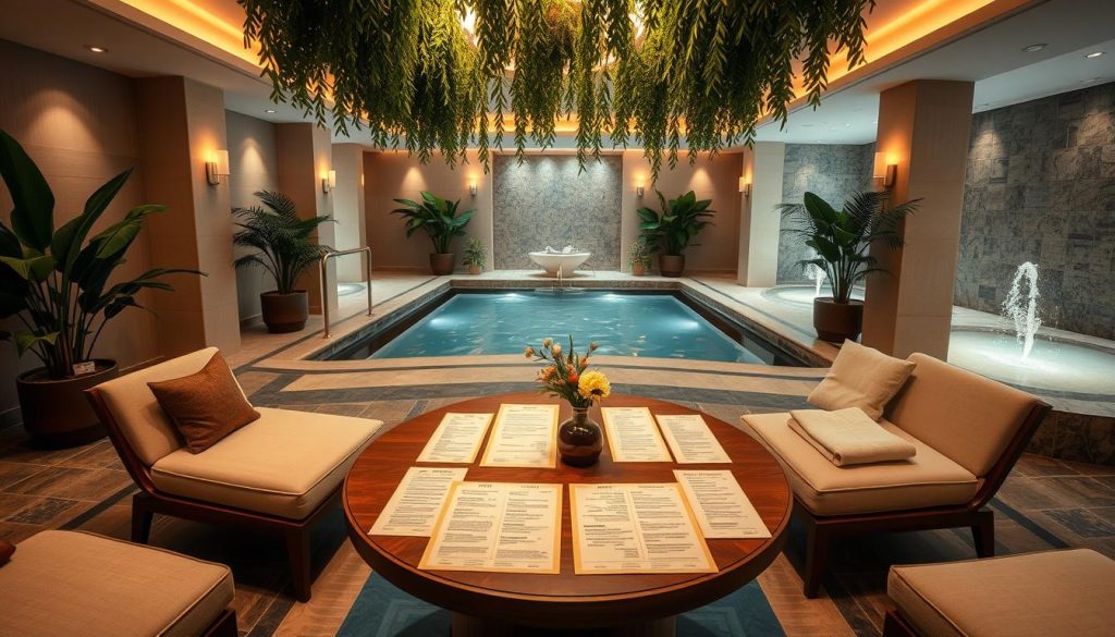 A serene spa interior with plush lounge chairs, soft lighting, and elegant decor. Lush greenery and tranquil water features create a calming ambiance. The focal point is a centrally placed table displaying an array of spa treatment menus and pricing information, conveying the essence of "Güncel Fiyatlar ve Paket Örnekleri: Ekonomikten Lükse İstanbul Spa Haritası". The scene is captured with a wide-angle lens, emphasizing the spaciousness and harmony of the space. Warm, diffused lighting sets a relaxing tone, inviting the viewer to imagine the rejuvenating experience. A serene spa interior with plush lounge chairs, soft lighting, and elegant decor. Lush greenery and tranquil water features create a calming ambiance. The focal point is a centrally placed table displaying an array of spa treatment menus and pricing information, conveying the essence of "Güncel Fiyatlar ve Paket Örnekleri: Ekonomikten Lükse İstanbul Spa Haritası". The scene is captured with a wide-angle lens, emphasizing the spaciousness and harmony of the space. Warm, diffused lighting sets a relaxing tone, inviting the viewer to imagine the rejuvenating experience.
