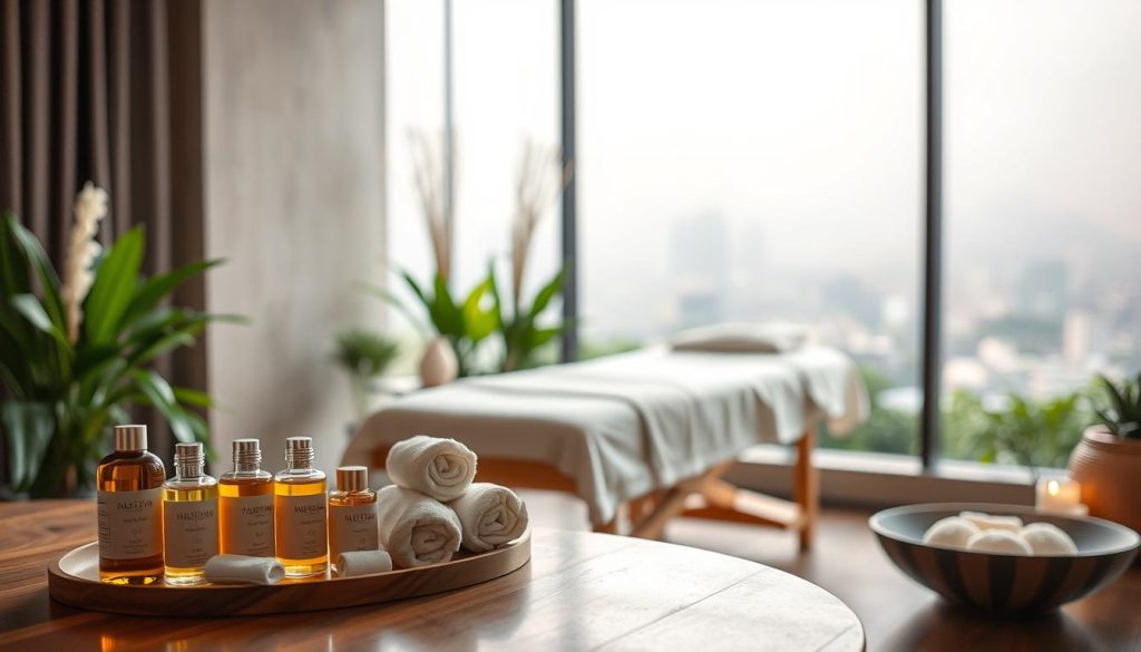 A serene spa-like setting, with soft lighting and soothing colors. In the foreground, a selection of massage oils, towels, and other spa accessories are neatly arranged on a wooden table, conveying a sense of tranquility and care. In the middle ground, a plush, inviting massage table sits, surrounded by lush greenery and subtle décor that creates a calming, zen-like atmosphere. The background features a muted, blurred cityscape, hinting at the ability to escape the bustling urban environment and find solace in the skilled hands of a carefully selected massage therapist. A serene spa-like setting, with soft lighting and soothing colors. In the foreground, a selection of massage oils, towels, and other spa accessories are neatly arranged on a wooden table, conveying a sense of tranquility and care. In the middle ground, a plush, inviting massage table sits, surrounded by lush greenery and subtle décor that creates a calming, zen-like atmosphere. The background features a muted, blurred cityscape, hinting at the ability to escape the bustling urban environment and find solace in the skilled hands of a carefully selected massage therapist.