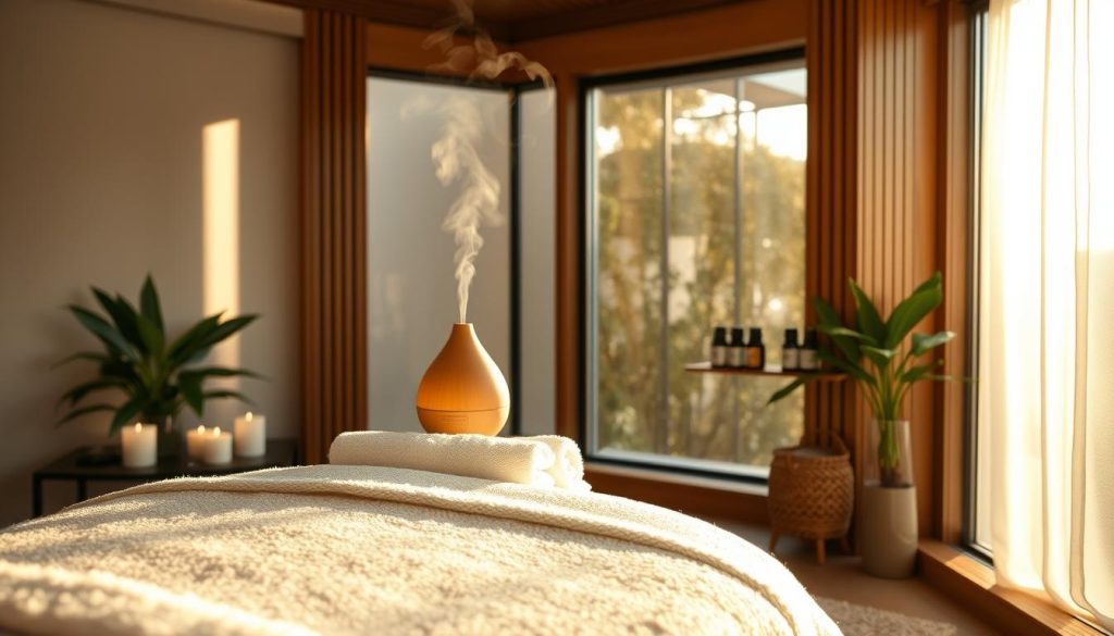 A serene spa setting in Istanbul, showcasing a tranquil massage room adorned with soft, ambient lighting and natural wood accents. In the foreground, a plush massage table draped with a white, fluffy towel invites relaxation, surrounded by calming elements like scented candles, smooth stones, and green indoor plants. The middle view features an inviting aromatherapy diffuser gently releasing wisps of fragrant steam, along with a range of essential oils neatly arranged on a small wooden shelf. In the background, large windows allow soft, golden sunlight to filter in, casting gentle shadows and highlighting the plush decor. The overall mood is peaceful and rejuvenating, evoking a sense of wellness and serenity, perfect for highlighting boutique massage pathways in Istanbul. A serene spa setting in Istanbul, showcasing a tranquil massage room adorned with soft, ambient lighting and natural wood accents. In the foreground, a plush massage table draped with a white, fluffy towel invites relaxation, surrounded by calming elements like scented candles, smooth stones, and green indoor plants. The middle view features an inviting aromatherapy diffuser gently releasing wisps of fragrant steam, along with a range of essential oils neatly arranged on a small wooden shelf. In the background, large windows allow soft, golden sunlight to filter in, casting gentle shadows and highlighting the plush decor. The overall mood is peaceful and rejuvenating, evoking a sense of wellness and serenity, perfect for highlighting boutique massage pathways in Istanbul.