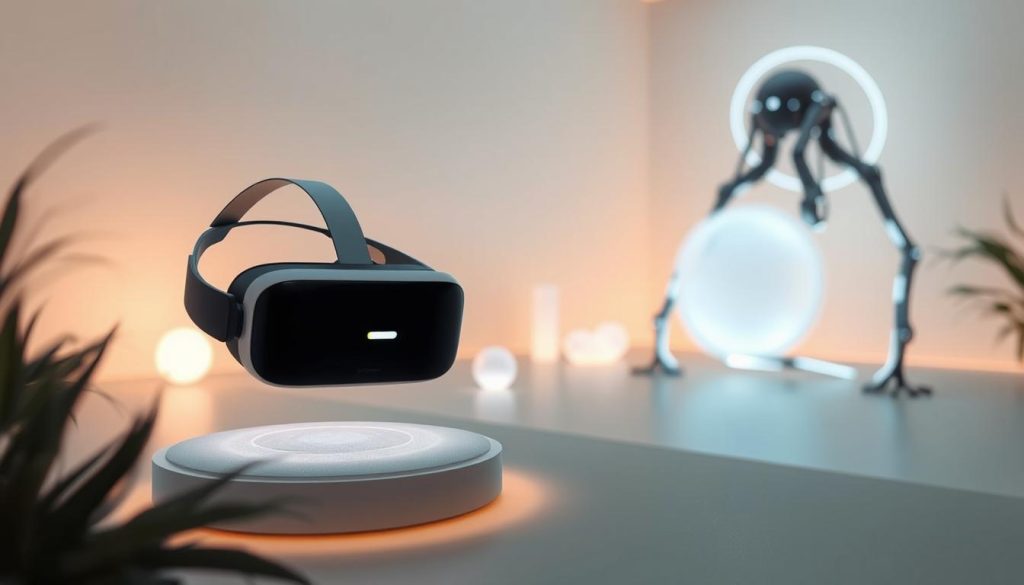 A serene, tech-infused wellness oasis. In the foreground, a sleek, minimalist VR headset hovers above a muted, holographic wellness patch. Glowing, organic shapes in the middle ground emanate a soothing, calming energy, while in the background, a futuristic, biomorphic exoskeleton wraps around the scene, pulsing with subtle, ambient lighting. The atmosphere is one of tranquility and balance, where cutting-edge technology seamlessly integrates with natural, holistic wellness practices. Soft, diffused lighting casts a gentle, therapeutic glow, creating an immersive, meditative experience. A serene, tech-infused wellness oasis. In the foreground, a sleek, minimalist VR headset hovers above a muted, holographic wellness patch. Glowing, organic shapes in the middle ground emanate a soothing, calming energy, while in the background, a futuristic, biomorphic exoskeleton wraps around the scene, pulsing with subtle, ambient lighting. The atmosphere is one of tranquility and balance, where cutting-edge technology seamlessly integrates with natural, holistic wellness practices. Soft, diffused lighting casts a gentle, therapeutic glow, creating an immersive, meditative experience.