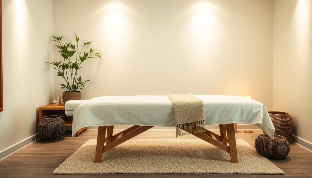 A tranquil spa-like setting with a cozy massage table, soft lighting, and soothing details like a potted plant, bamboo accents, and a plush throw blanket. The table is positioned in a serene, minimalist room with clean lines and a neutral color palette, creating a sense of calm and relaxation. The overall atmosphere evokes a therapeutic, holistic experience tailored for a personalized massage session. A tranquil spa-like setting with a cozy massage table, soft lighting, and soothing details like a potted plant, bamboo accents, and a plush throw blanket. The table is positioned in a serene, minimalist room with clean lines and a neutral color palette, creating a sense of calm and relaxation. The overall atmosphere evokes a therapeutic, holistic experience tailored for a personalized massage session.