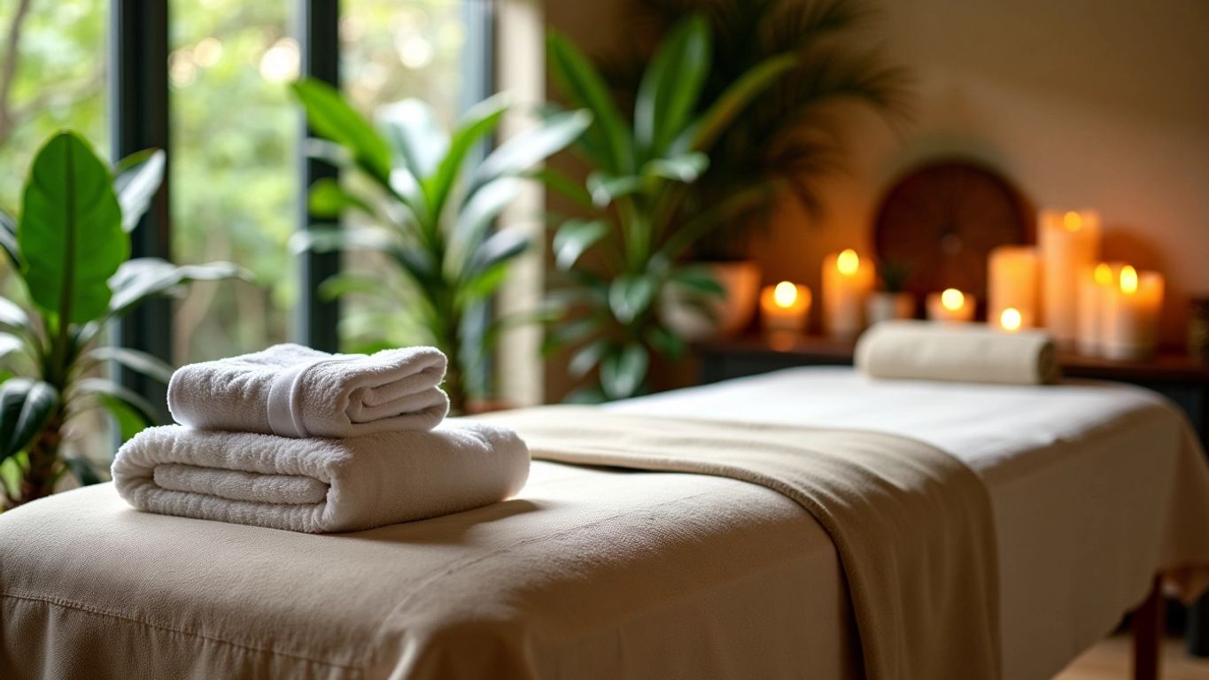 Masaj masası, havlular ve mumlar içeren bir görüntü.